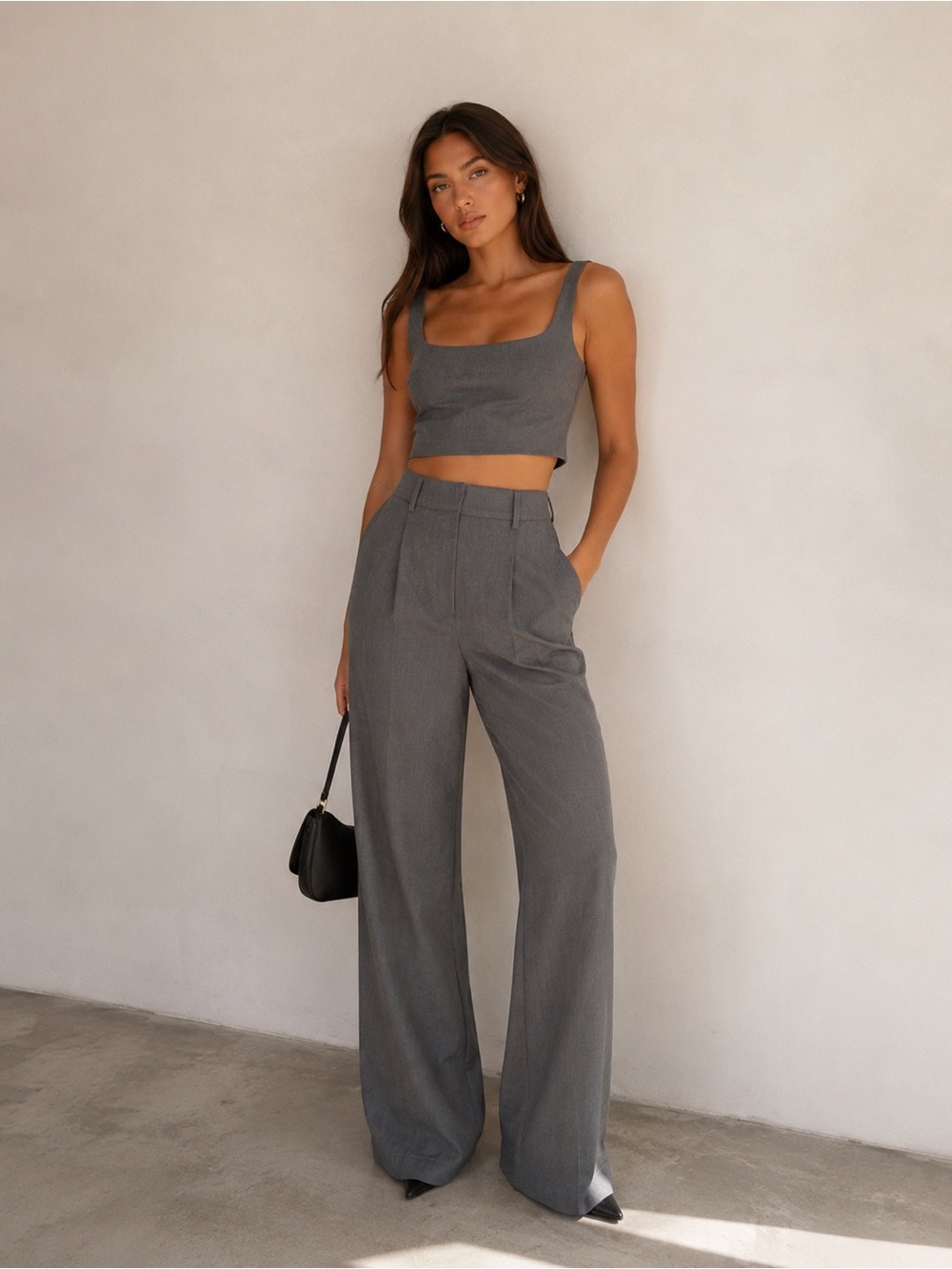 Elegant House of Harlow Gray Wide-Leg High-Rise Trousers & Cropped Top - Size S